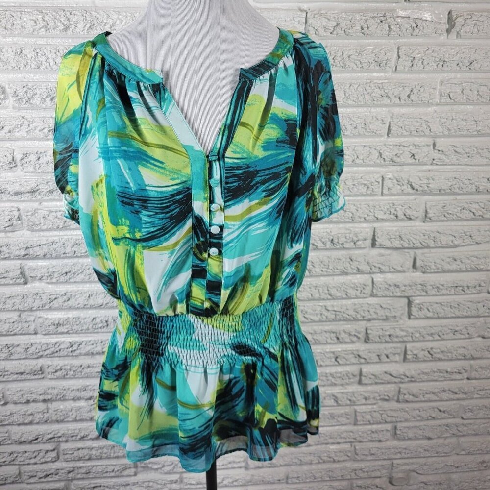 Worthington Women's XL Green Peplum Top V-Neck Puff Sleeve Button-Up WAT122E